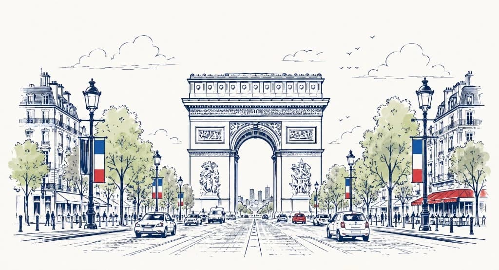 Arc de Triomphe and Paris boulevard illustration